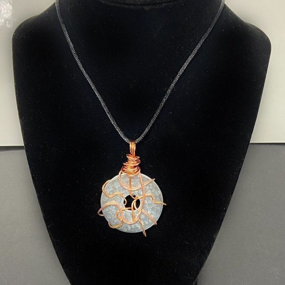 Copper Wire Wrapped Hammered Stainless Steel Washer Pendant on Satin Cord - Picture 7 of 9